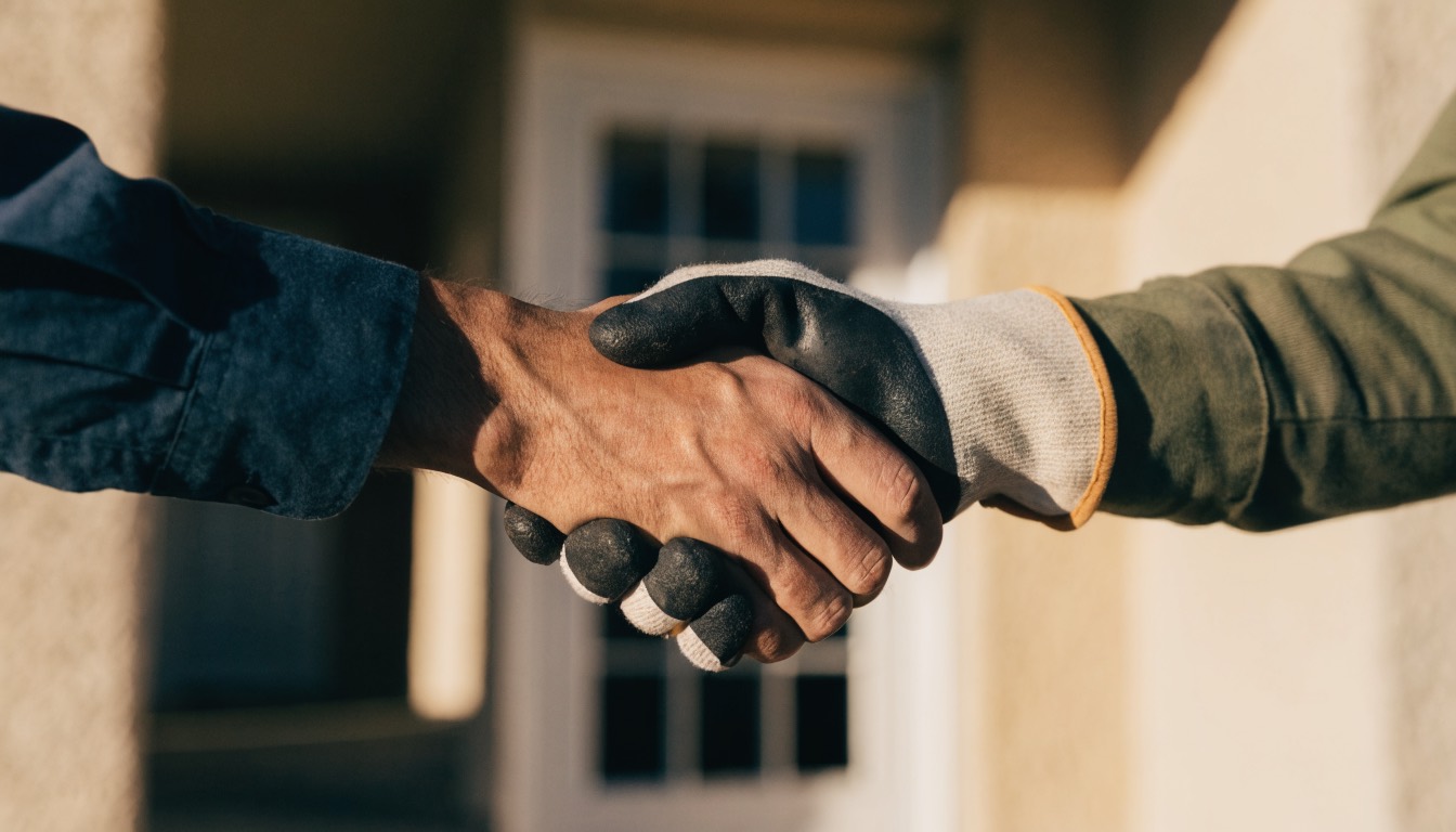 A contractor and homeowner shaking hands at a South Florida home